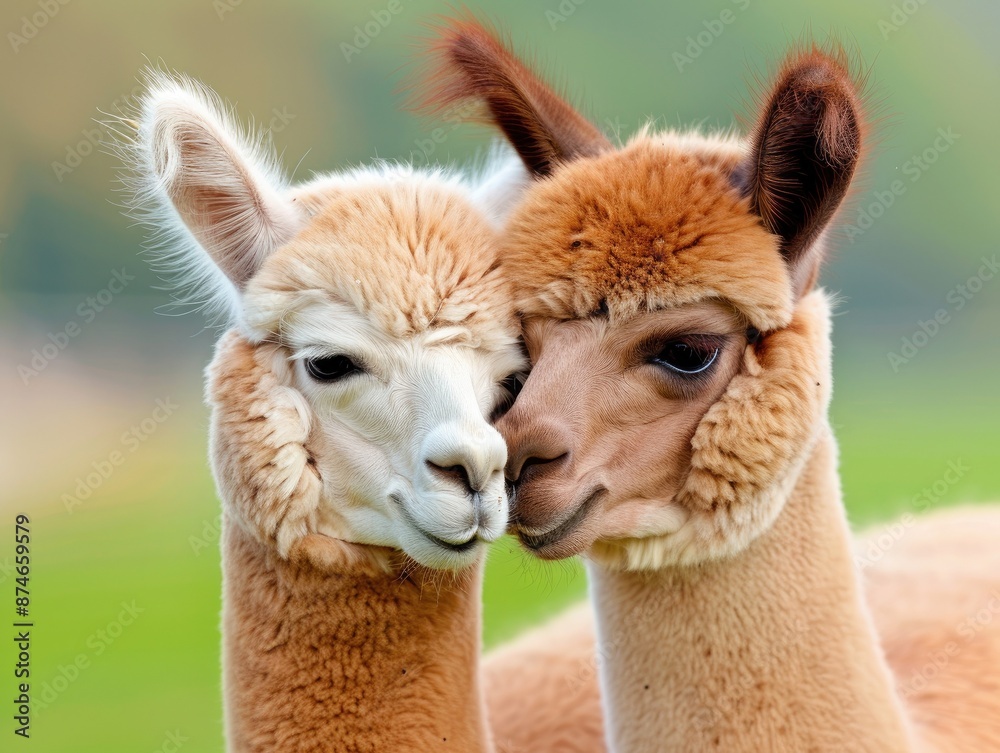 Obraz premium Adorable close-up of two affectionate alpacas nuzzling each other in a green field, showcasing their soft fur and gentle expressions.