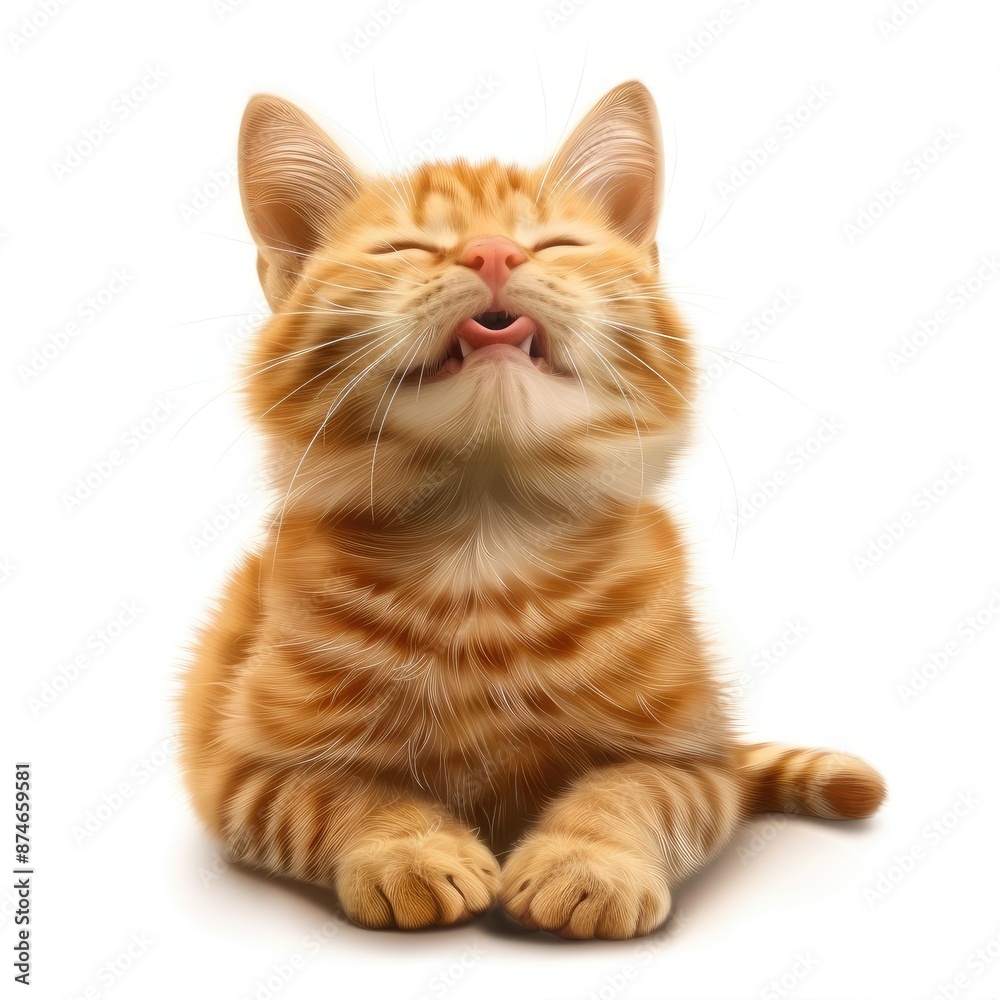Adorable orange kitten with eyes closed, tongue out, and content expression, isolated on white background. Adorable orange kitten with eyes closed, tongue out, and content expression, isolated on white background.