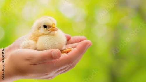 Adorable yellow chick nestled in hands against a vibrant green background, symbolizing care, spring, and new life.