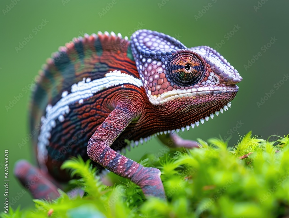 Obraz premium Close-up of a colorful chameleon on green foliage, showcasing its vibrant colors and intricate patterns against a natural background.
