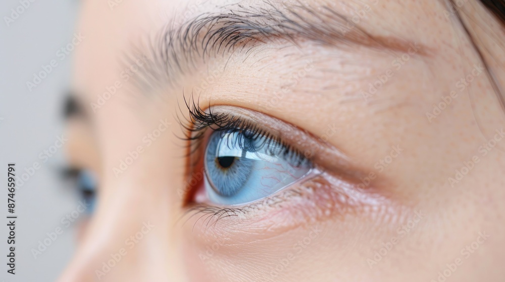 Obraz premium Close-up of a human eye with a bright blue iris, capturing the intricate details of the eyelashes and skin texture.
