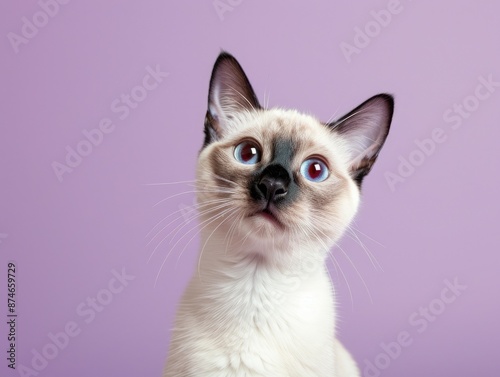 Close-up of a curious Siamese cat with blue eyes, white fur, and dark ear tips against a lavender background.