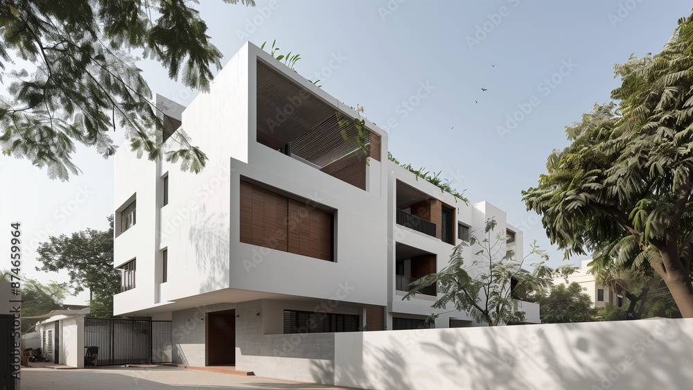 Fusion of Styles: A White Building with Indian and Modernist Elements Fusion of Styles: A White Building with Indian and Modernist Elements