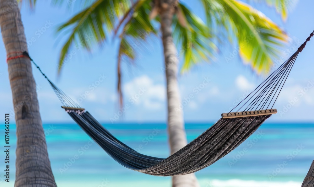 Obraz premium Peaceful tropical beach scene with a hammock hanging between two palm trees overlooking the turquoise ocean and clear blue sky.