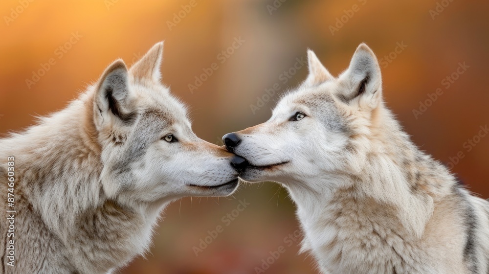 Two wolves touching noses in a heartfelt moment, surrounded by a warm autumn background.