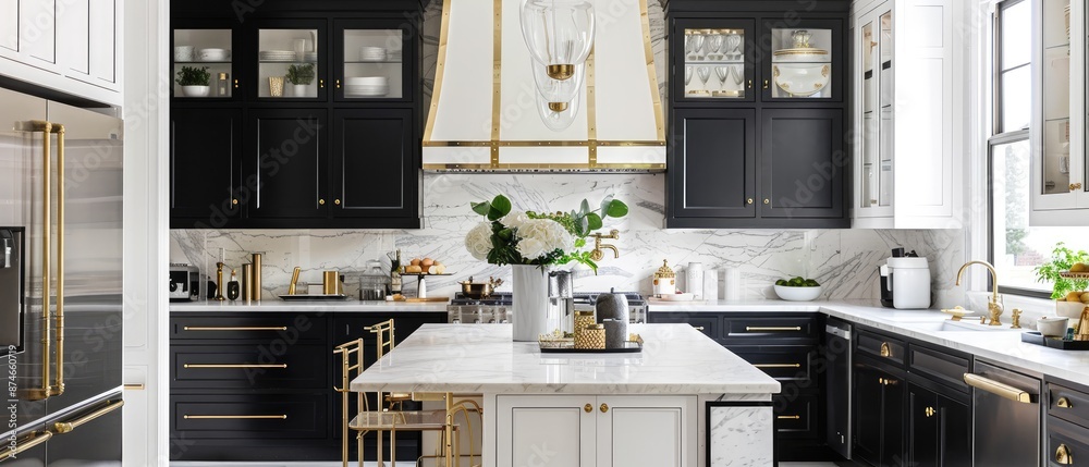 luxurious contemporary kitchen design with stylish black and white cabinets golden fixtures and marble tiles luxurious contemporary kitchen design with stylish black and white cabinets golden fixtures and marble tiles