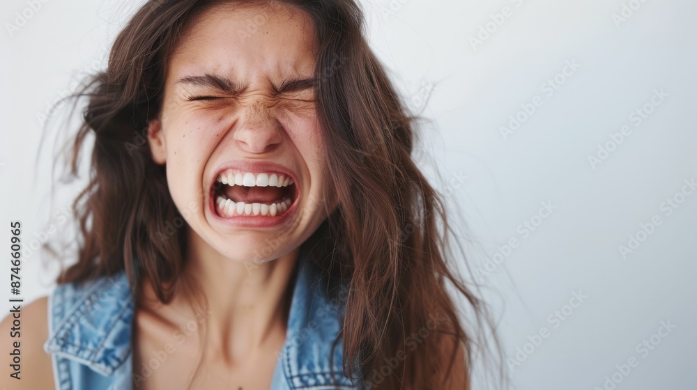 Angry young woman making face expression with hands on white background emotional portrait of beauty and frustration Angry young woman making face expression with hands on white background emotional portrait of beauty and frustration