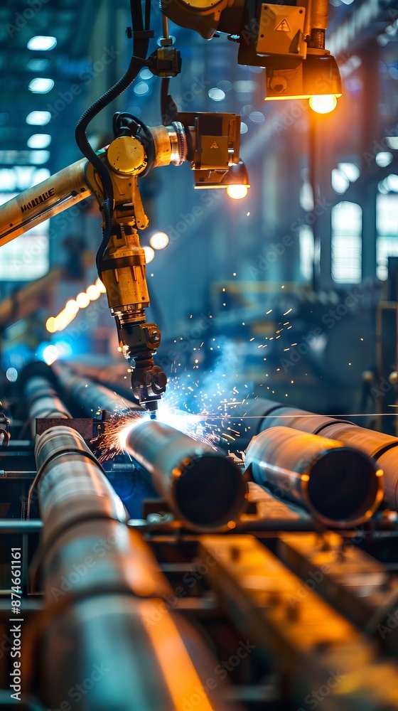 Industrial robotic arm welding metal in factory environment. Concept of manufacturing, automation, precision in production. Vertical Industrial robotic arm welding metal in factory environment. Concept of manufacturing, automation, precision in production. Vertical
