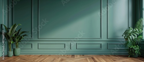 Fototapeta Naklejka Na Ścianę i Meble -  serene green classic interior design with blank wall wooden floor and two ornamental plants in 3d rendering