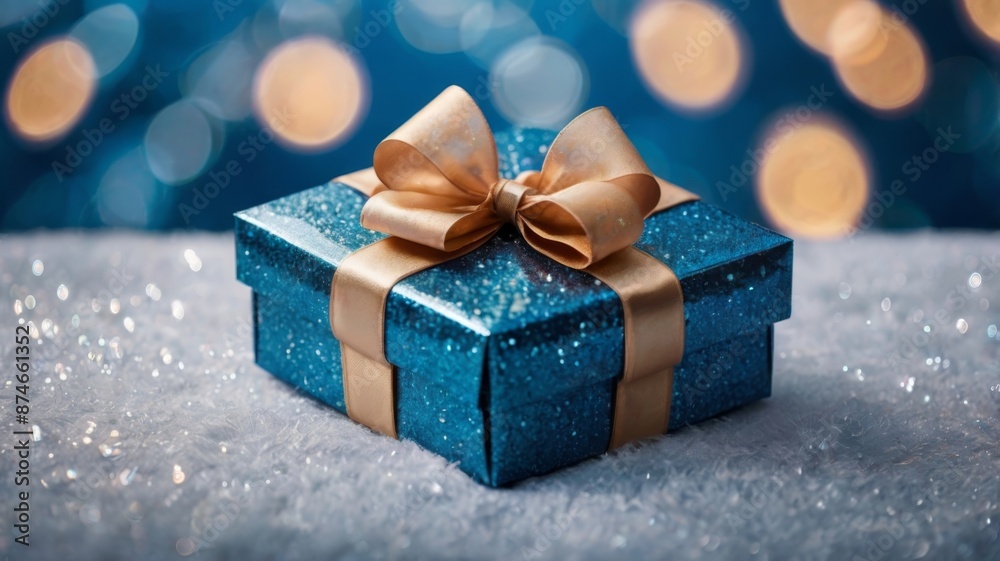 a magical christmas greeting card featuring a holiday gift box with a bow ribbon against a sparkling blue bokeh background a magical christmas greeting card featuring a holiday gift box with a bow ribbon against a sparkling blue bokeh background