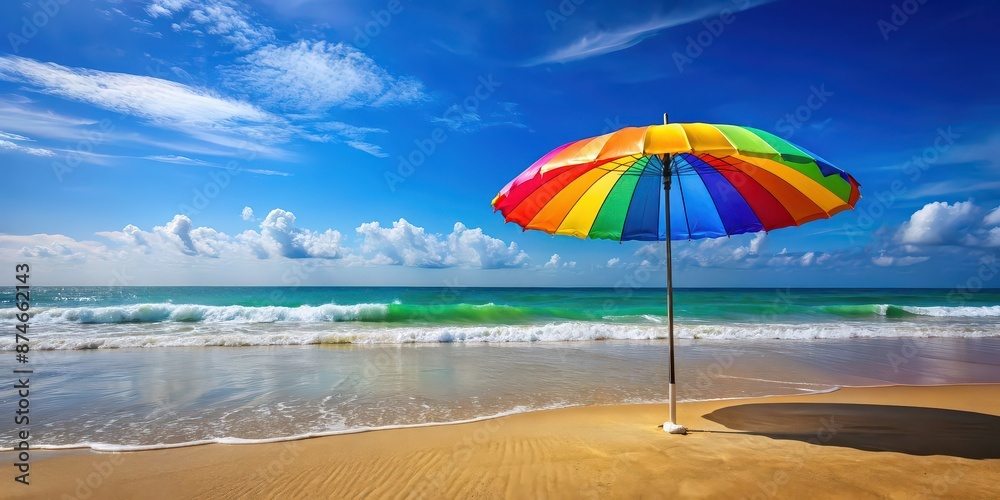 Rainbow beach umbrella under clear blue skies with waves at a low angle view , rainbow, beach, umbrella, waves Rainbow beach umbrella under clear blue skies with waves at a low angle view , rainbow, beach, umbrella, waves