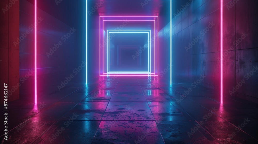 Neon lights leading to a stylish destination in the dark hallway for a memorable travel experience Neon lights leading to a stylish destination in the dark hallway for a memorable travel experience