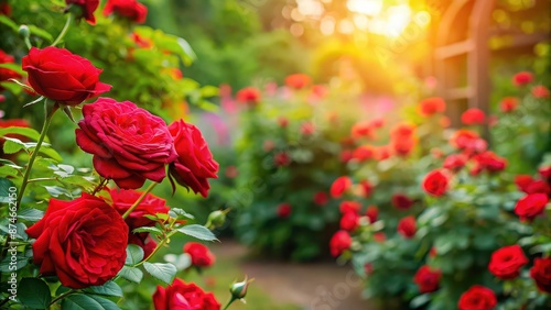 Fototapeta Naklejka Na Ścianę i Meble -  Red roses blooming in a lush garden, blooming, red, roses, garden, nature, floral, flowers, vibrant, petals, natural