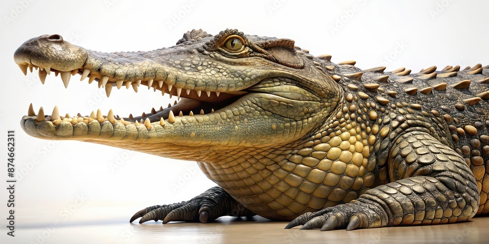 Naklejka premium Realistic rendering of a crocodile facing right with closed mouth , crocodile, reptile, realistic, rendering, wildlife, predator