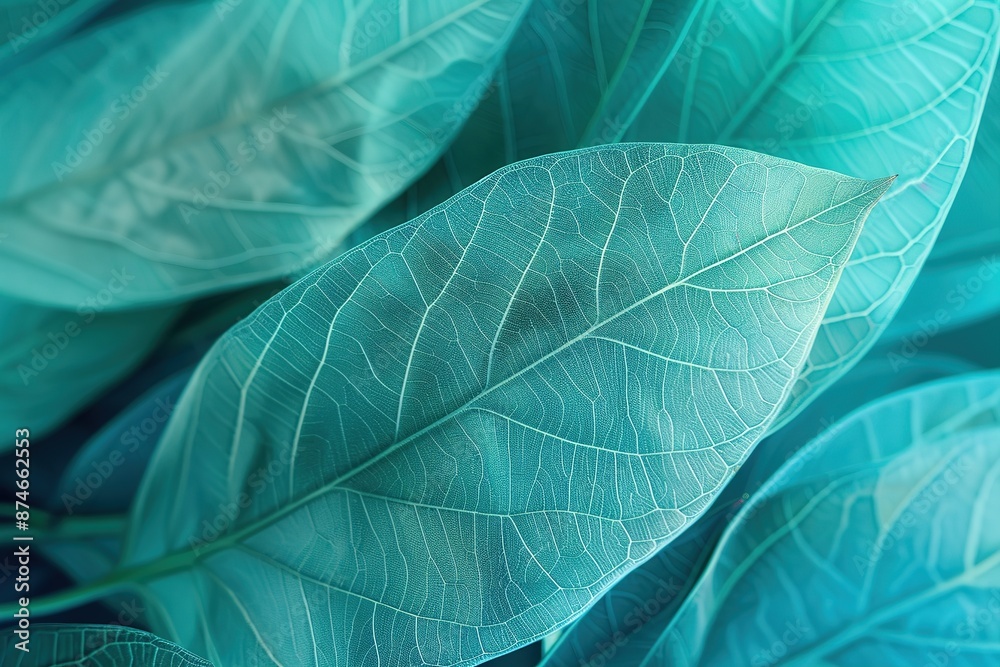 A closeup of transparent leaf veins in various shades of green and blue, with subtle light reflections creating an abstract pattern. 