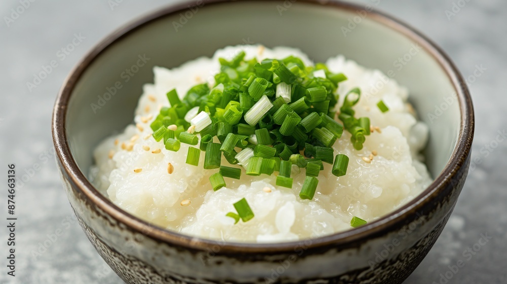 Food for convalescent patients, A small bowl of rice porridge with finely chopped green onions and a dash of soy sauce Food for convalescent patients, A small bowl of rice porridge with finely chopped green onions and a dash of soy sauce