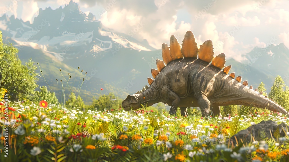 Obraz premium Vibrant illustration of a Stegosaurus in a prehistoric landscape. Concept of dinosaurs, ancient wildlife, nature, educational content, dinosaur