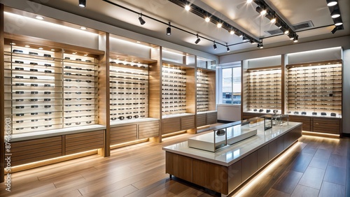 Modern optical shop with stylish spectacles and ambient lighting, eyewear, glasses, fashion, trendy, stylish, hip, modern
