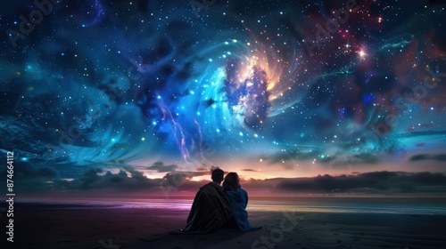 A couple is sitting on the beach, looking up at the stars. The sky is filled with stars and the couple is wrapped in a blanket, enjoying the peaceful moment photo