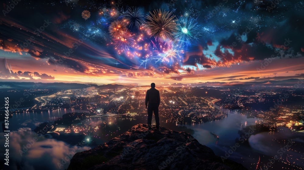 A man stands on a mountain overlooking a city at night. The sky is filled with fireworks, creating a beautiful and vibrant atmosphere. The man is in awe of the scene, taking in the breathtaking view A man stands on a mountain overlooking a city at night. The sky is filled with fireworks, creating a beautiful and vibrant atmosphere. The man is in awe of the scene, taking in the breathtaking view