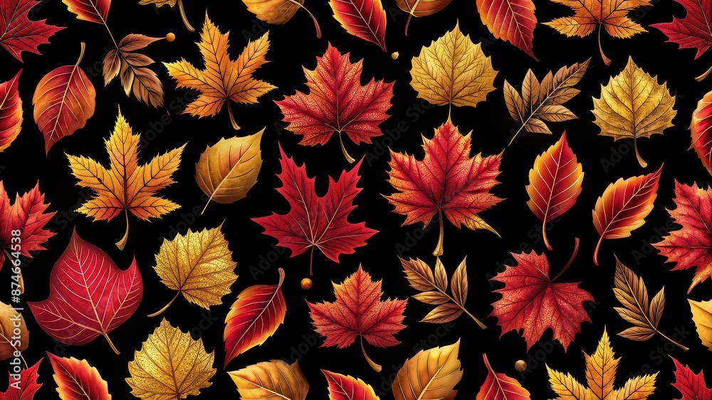 Red and gold leaves seamless pattern on black background, autumn, fall, foliage, seasonal, elegant, nature, decorative Red and gold leaves seamless pattern on black background, autumn, fall, foliage, seasonal, elegant, nature, decorative