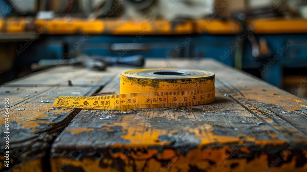 A bright yellow tape measure curled loosely on a wooden workbench A bright yellow tape measure curled loosely on a wooden workbench