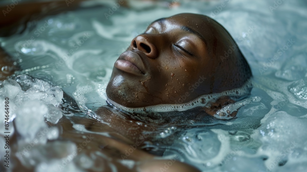 An athlete lounges in an ice bath their face relaxed and their body submerged up to the chest.