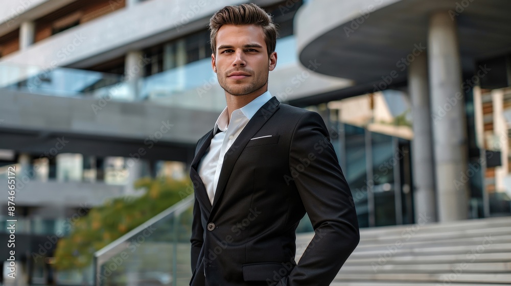 A man in a suit stands on a set of stairs A man in a suit stands on a set of stairs