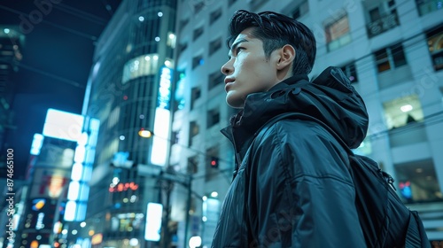 A man wearing a black jacket and backpack stands in front of a tall building
