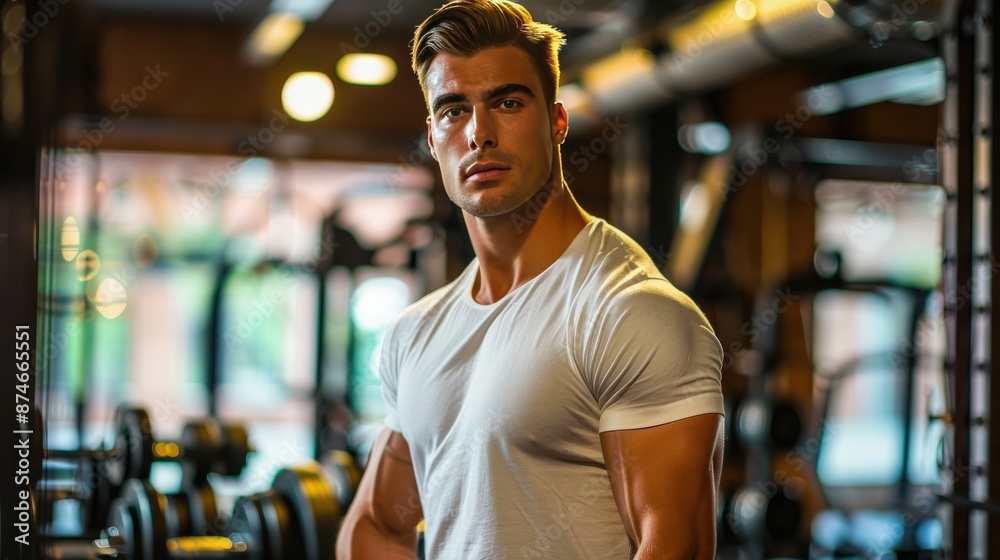 A man is posing in a gym with a serious expression on his face A man is posing in a gym with a serious expression on his face