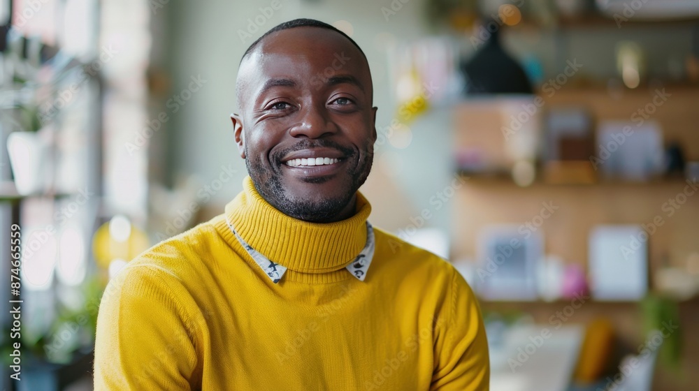 A man in a yellow sweater is smiling and posing for a picture A man in a yellow sweater is smiling and posing for a picture