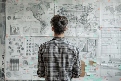 Person analyzing data charts and maps pinned on a wall, reflecting on global trends and statistics, seen from behind.