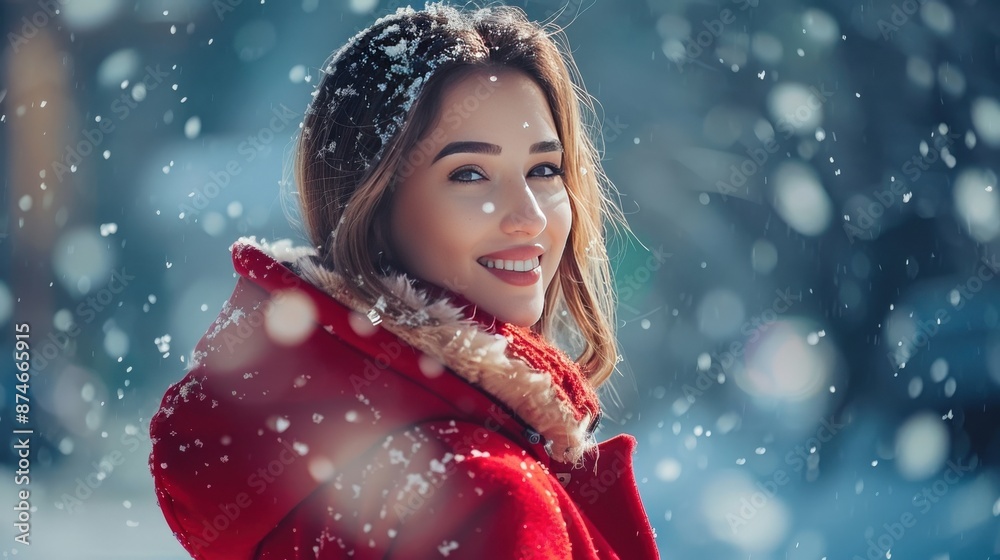 A woman in a red coat is smiling in the snow A woman in a red coat is smiling in the snow