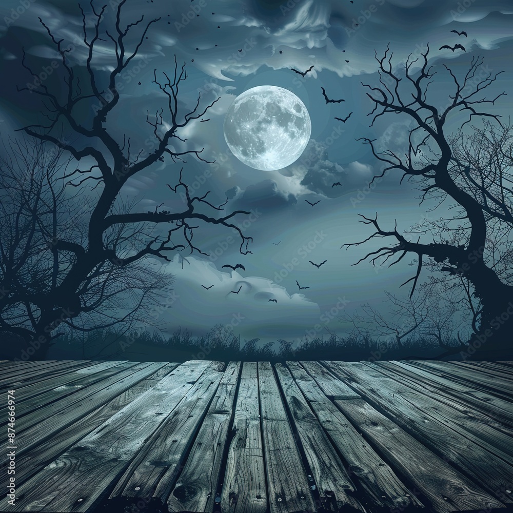 Naklejka premium spooky Halloween background with wooden table top, moonlit sky and bats flying in the night sky.