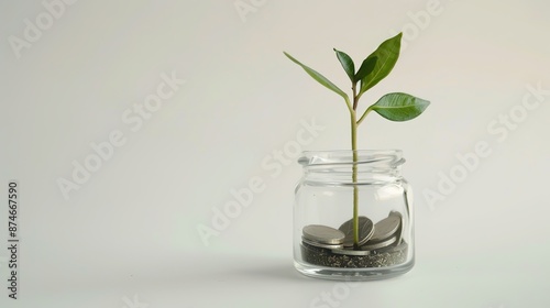 Wallpaper Mural Plant Growing from Coins in Glass Jar: Financial Growth Concept on White Background Torontodigital.ca