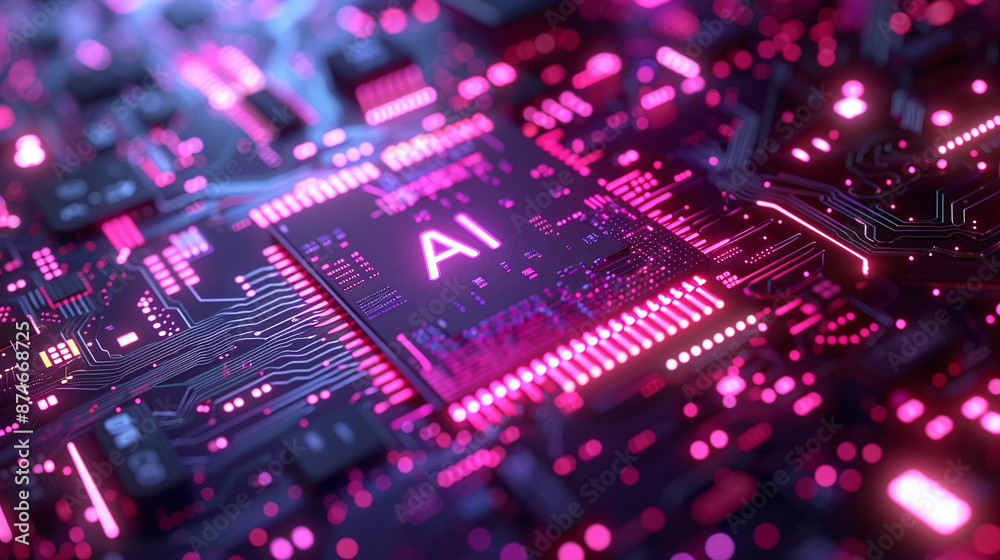 Obraz premium AI on Modern Neon Background: Futuristic Tech and Database Concept