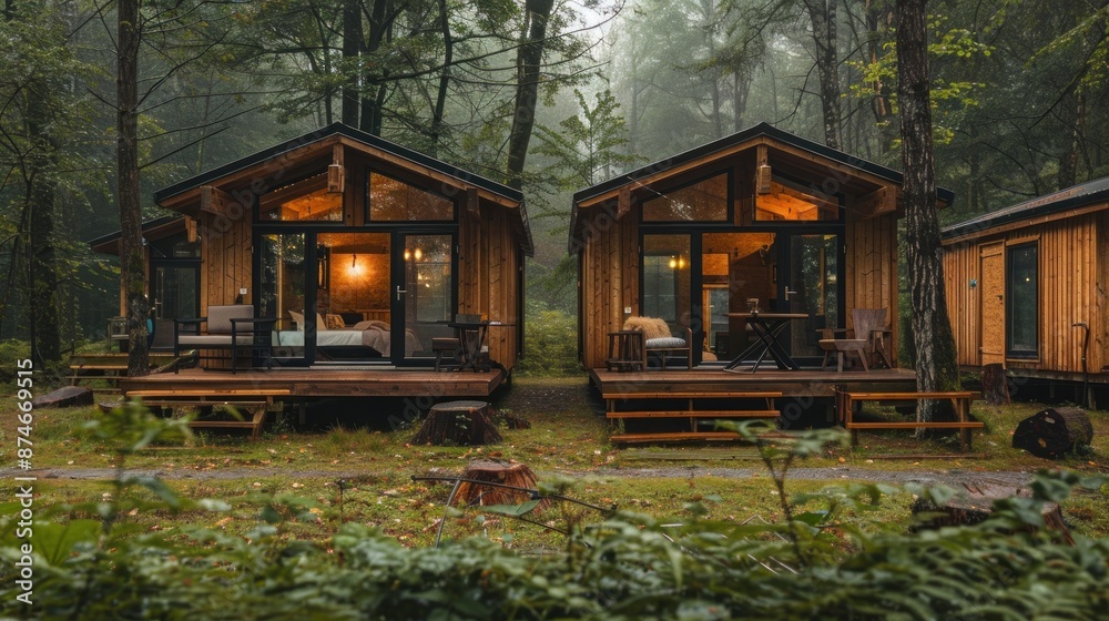 Fototapeta premium Cozy Cabin Retreat in a Misty Forest