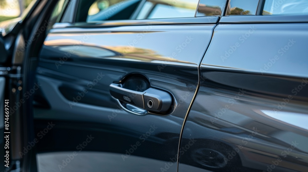 A side view of a parking brake handle and its placement near the drivers door with the open door slightly visible in the background. A side view of a parking brake handle and its placement near the drivers door with the open door slightly visible in the background.