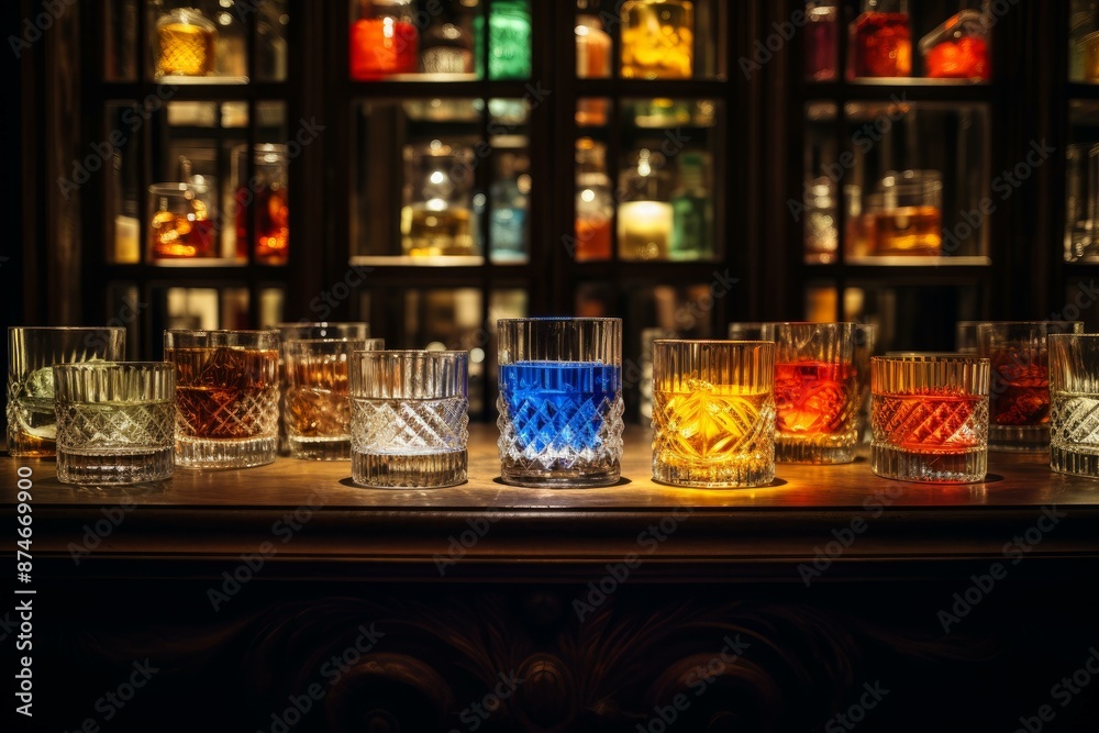 Selection of vibrantly colored spirits in crystal glasses against a backdrop of a bar shelf with bottles Selection of vibrantly colored spirits in crystal glasses against a backdrop of a bar shelf with bottles