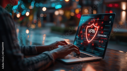 Programmer connecting to virtual private network using laptop at night photo