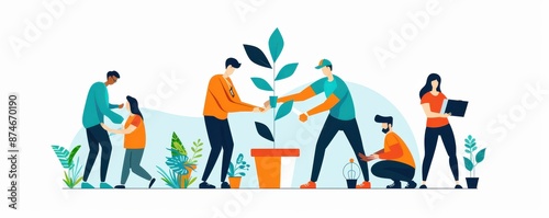 Group of people collaborating on planting a tree, depicting teamwork and environmental conservation in a flat illustration style.