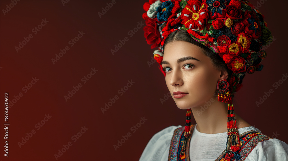 Portrait of a woman in traditional Ukrainian attire (vyshyvanka) with intricate embroidery with copy space Portrait of a woman in traditional Ukrainian attire (vyshyvanka) with intricate embroidery with copy space
