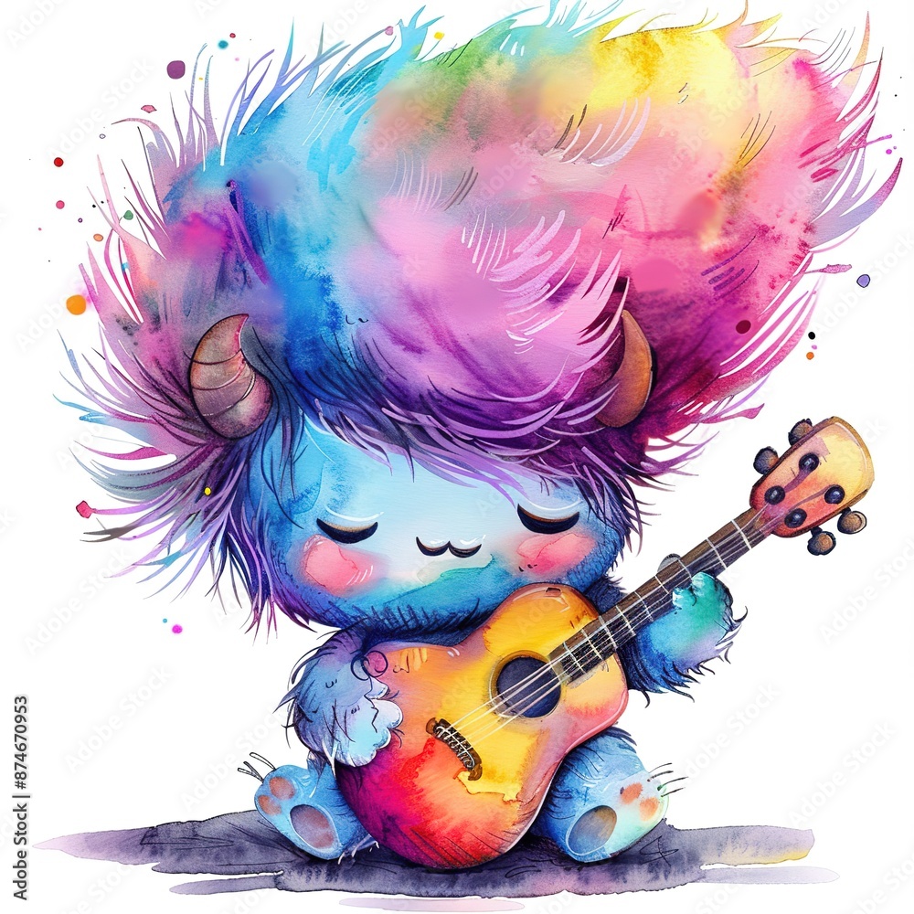 Obraz premium Cute watercolor baby monster character with musical illustration cartoon guitar drawing art cute character concert