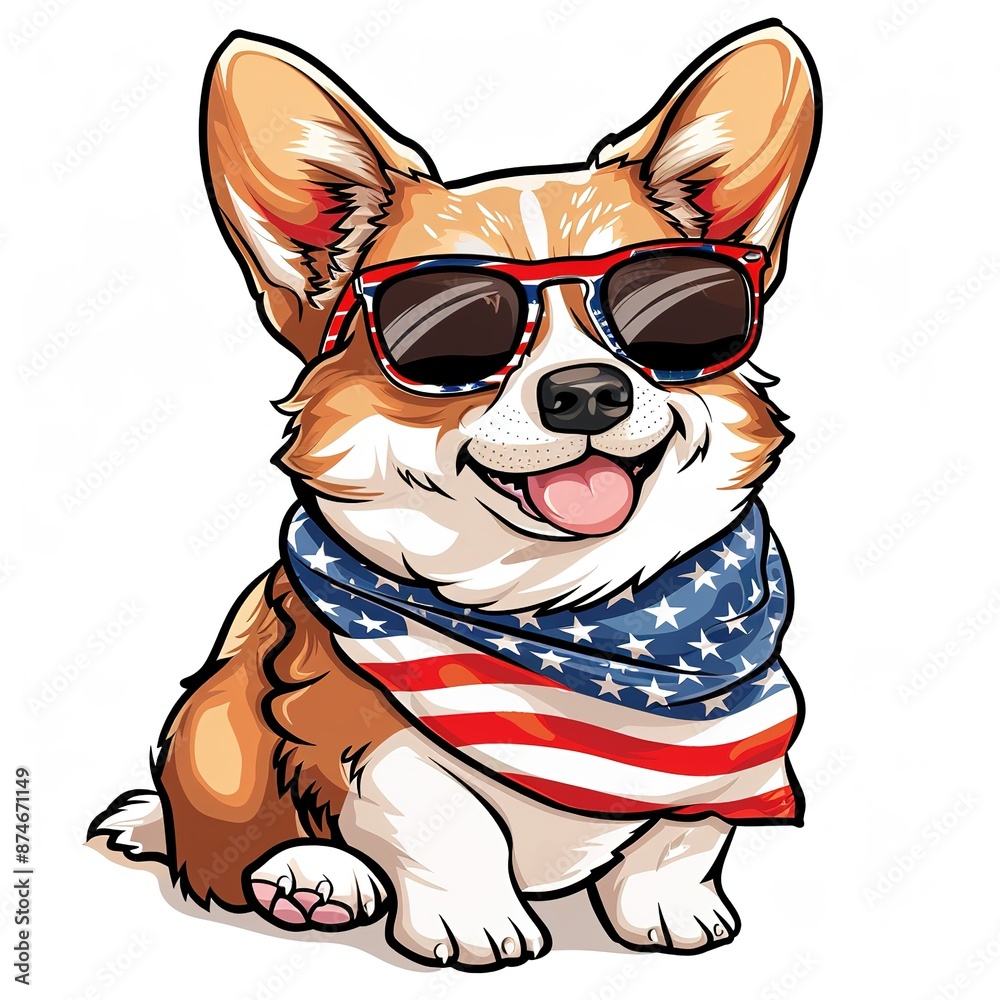 Naklejka premium Happy Corgi wearing sunglasses and an American flag bandana around his neck, style of a sticker on a white background,