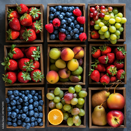 Fresh fruits and berries in wooden boxes. Top view. Flat lay