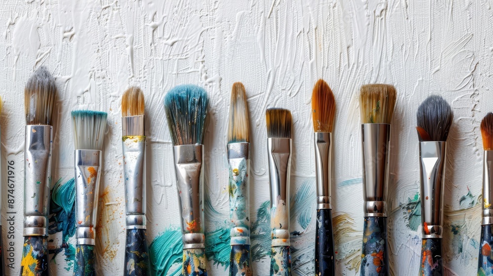 Obraz premium A neatly arranged set of artists brushes on a stark white canvas