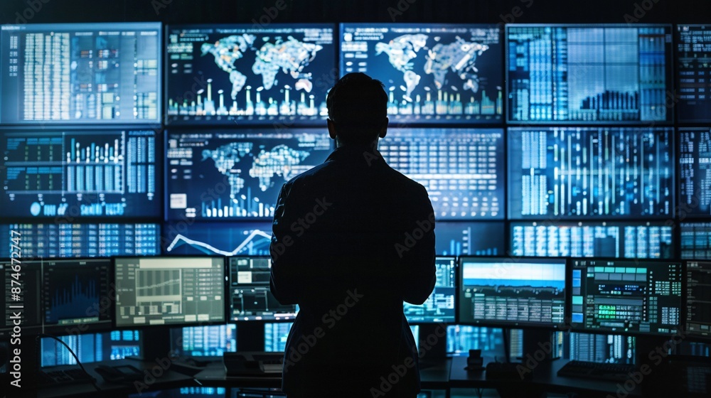 Silhouette person inside a control room with multiple screens displaying real time data reflecting the importance of monitoring and managing logistics operations efficiently Silhouette person inside a control room with multiple screens displaying real time data reflecting the importance of monitoring and managing logistics operations efficiently