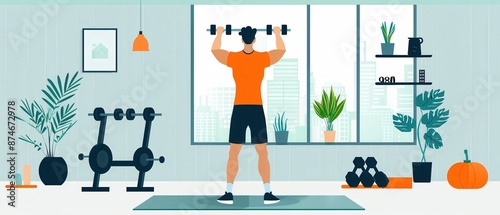 Illustration of a person lifting dumbbells in a modern home gym, surrounded by plants and stylish decor. photo