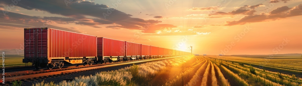 Freight train rolling through a field at sunset. Freight train rolling through a field at sunset.
