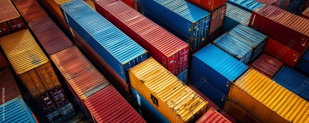 Fototapeta premium Aerial view of colorful cargo containers stacked at a shipping yard, showcasing industrial logistics and global trade.